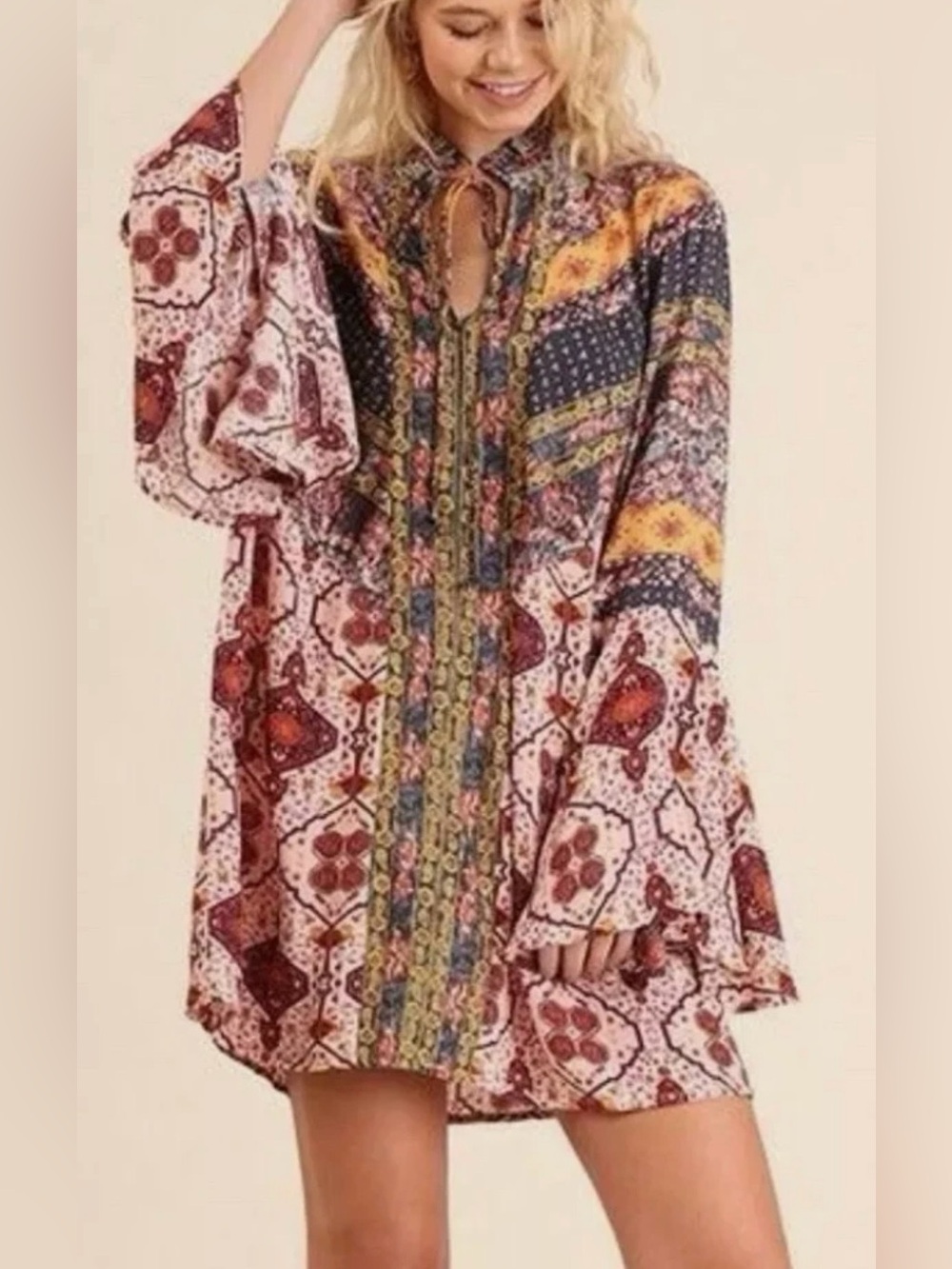 Umgee Multicolor Boho Patchwork Mini Dress